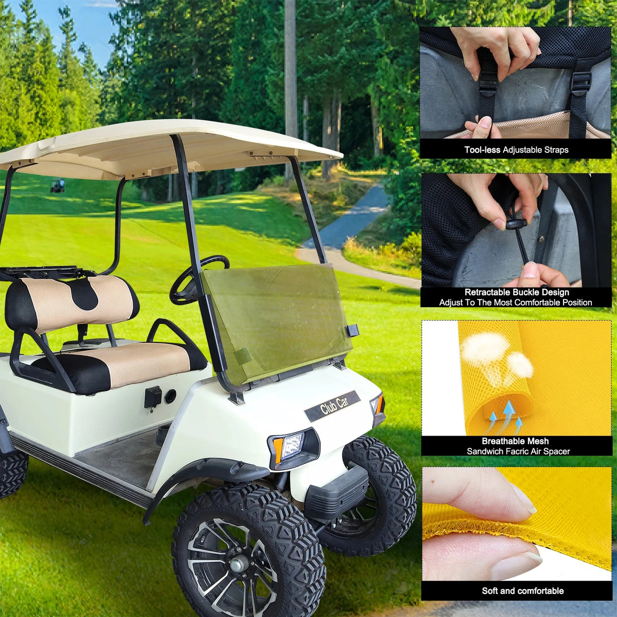 Golf Cart Seat Cover Set for Club Car, EZGO & Yamaha, Breathable Mesh