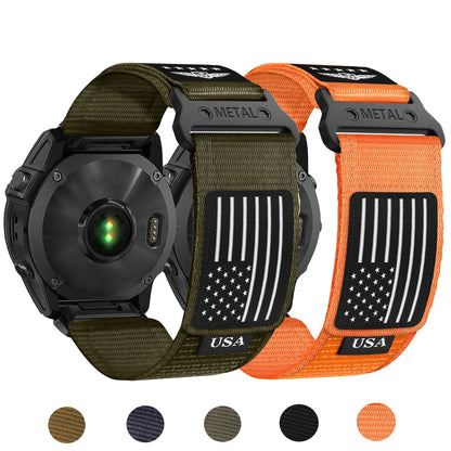 Garmin smartwatch with Tactical Nylon straps in orange and green, featuring USA flag design, ideal for active lifestyles.
