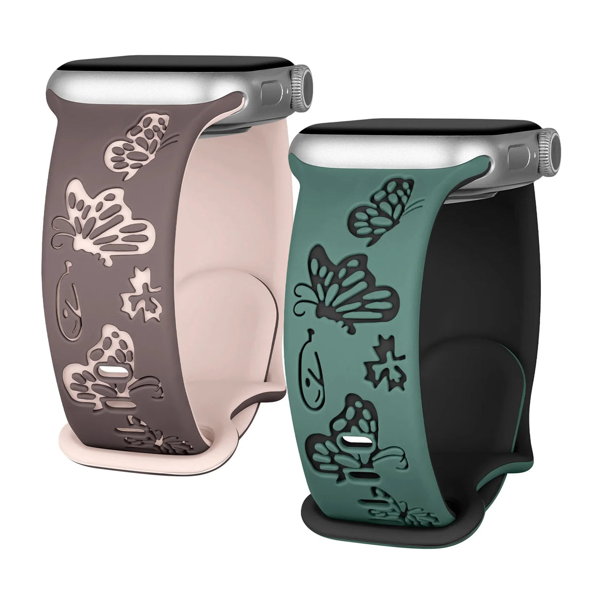 Mauve and green butterfly-pattern bands shown together for Apple Watch