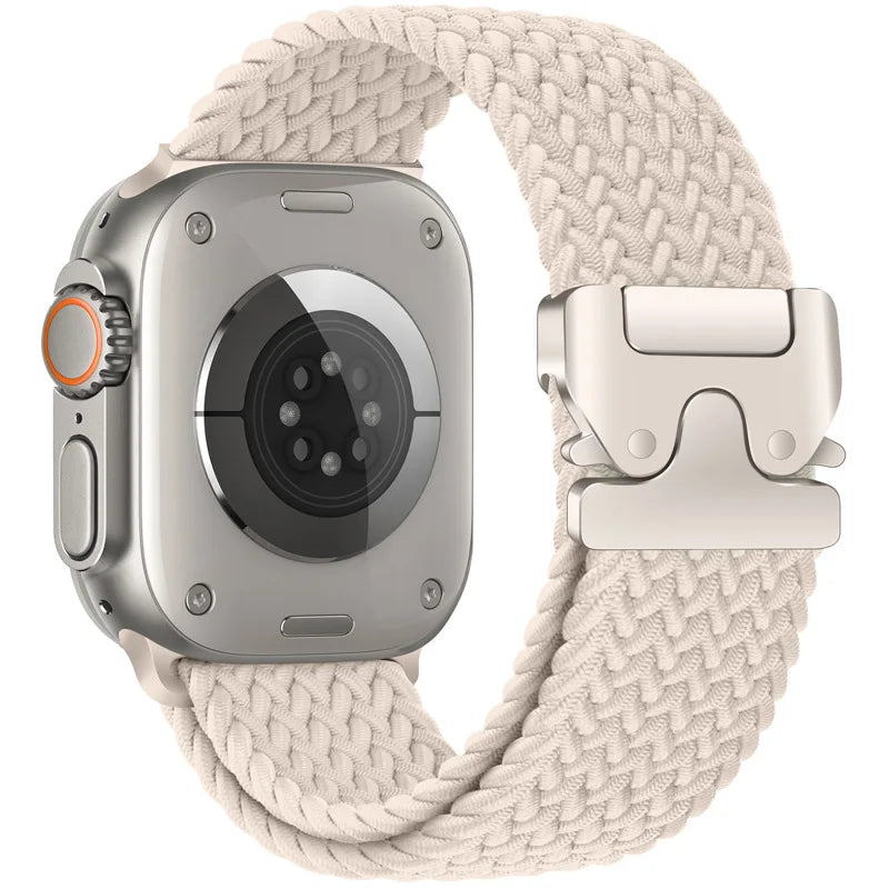 Braided nylon parachute strap for Apple Watch, featuring breathable design and durable construction.