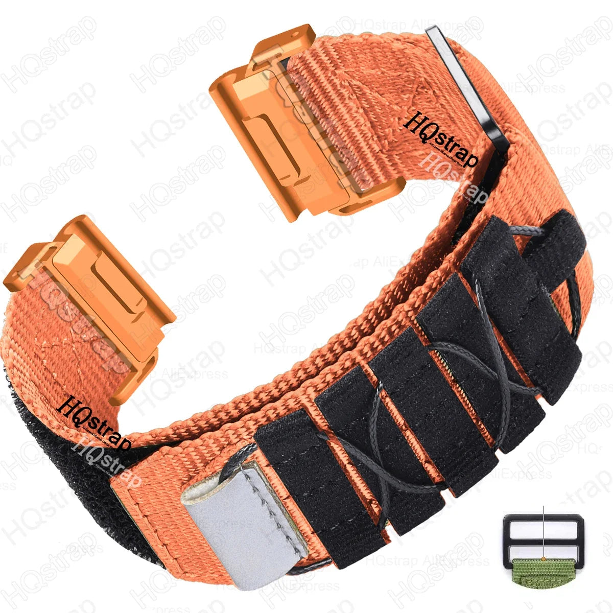 Garmin nylon strap in orange with sturdy metal buckle, perfect replacement band for smartwatches, adjustable and durable.