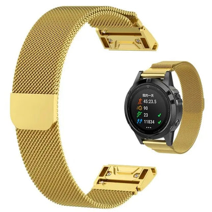 Garmin Metal Milanese Band in gold, stylish smartwatch strap for Garmin devices, featuring a magnetic closure for easy adjustments.