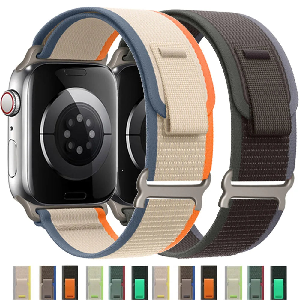 Apple Watch Trail Loop Nylon Strap in two colors, featuring durability and comfort for everyday and adventurous wear.