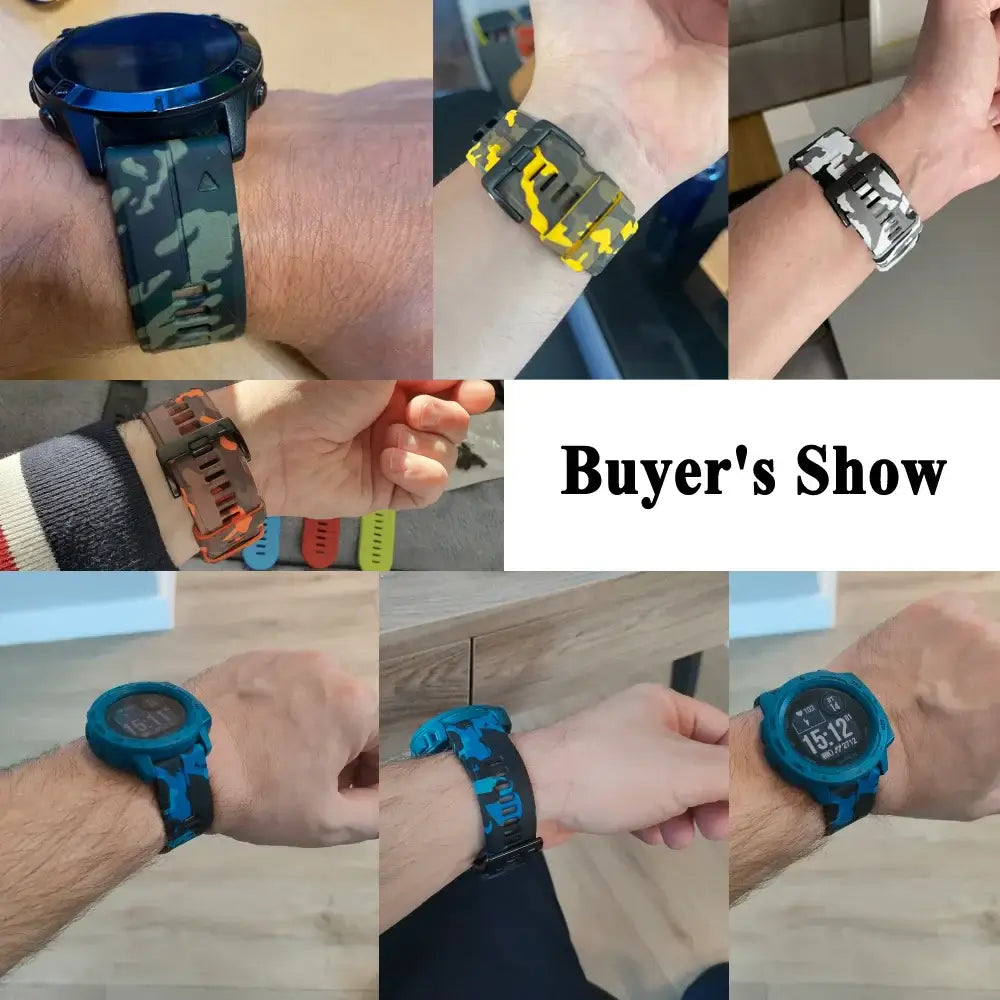 Garmin QuickFit Silicone Band - Camo and Two-Tone camouflage bands shown on wrists