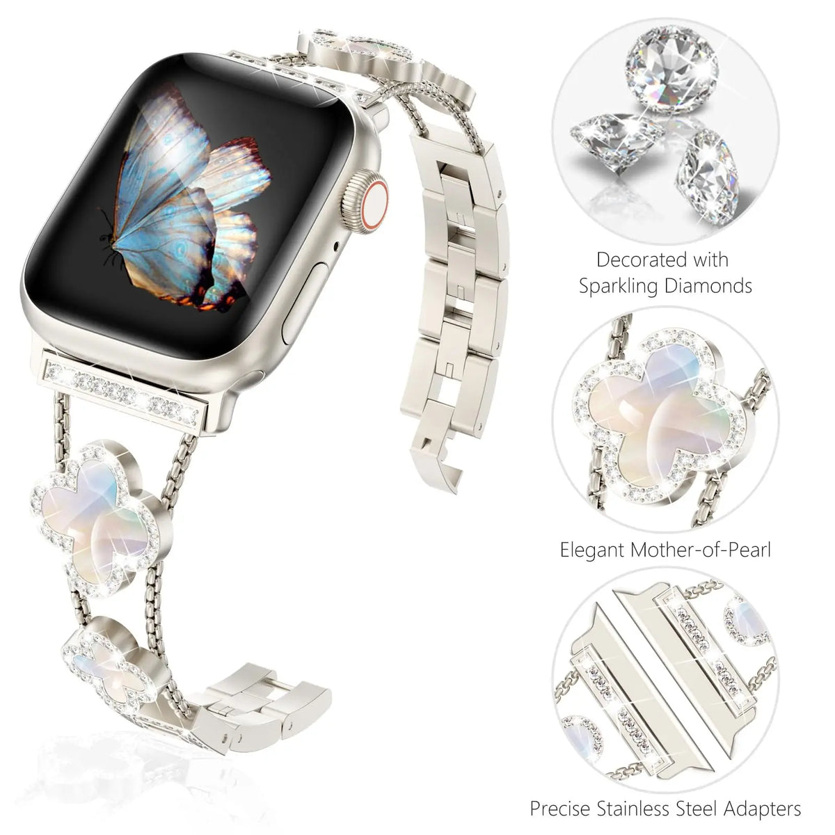 Clover bracelet with close-ups of sparkling accents and connectors for Apple Watch