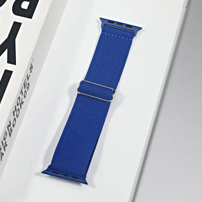 Blue nylon Apple Watch strap showcasing its breathable design and versatility for fitness and everyday wear.