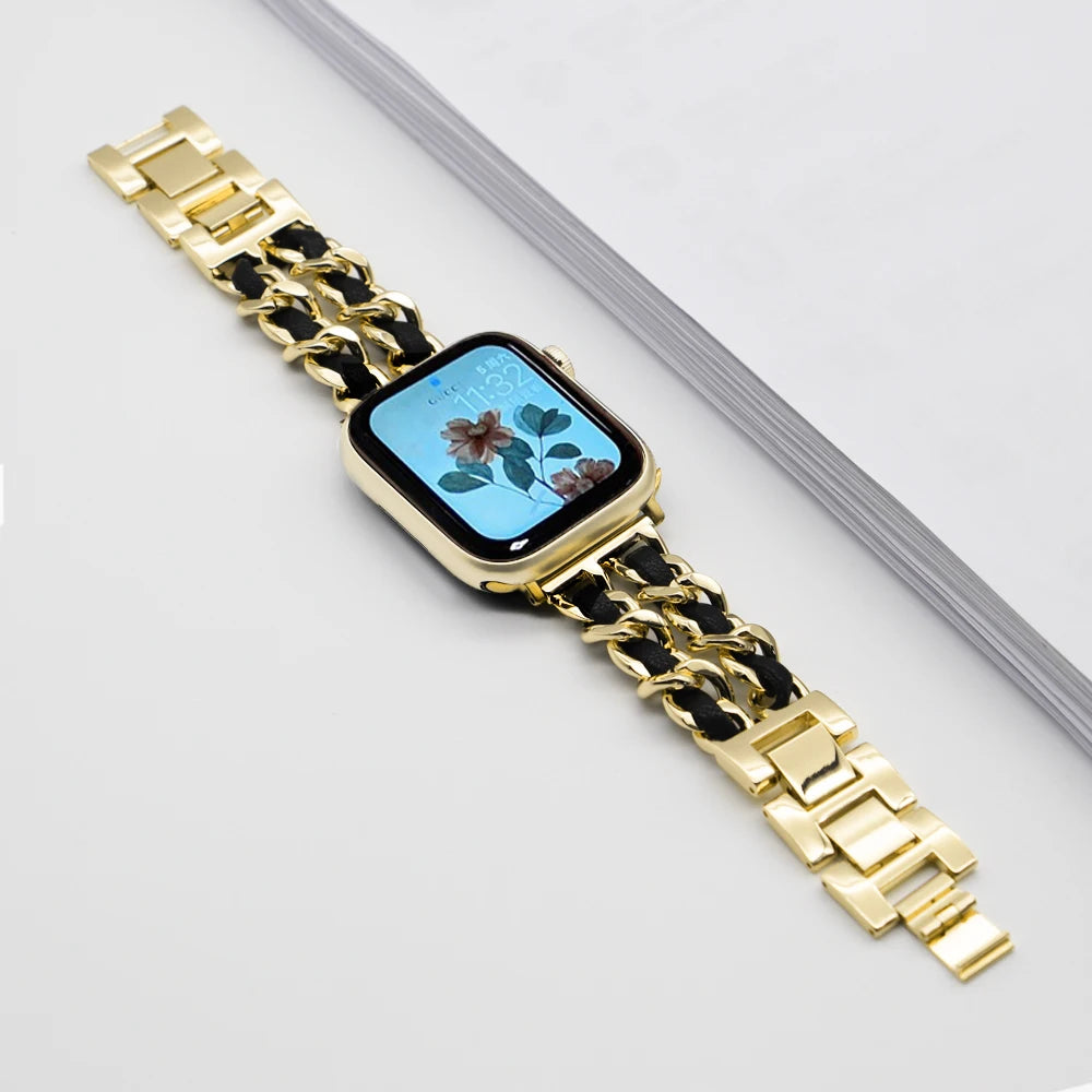 Woven-Accent Chain Apple Watch Bracelet Band in Gold / Black