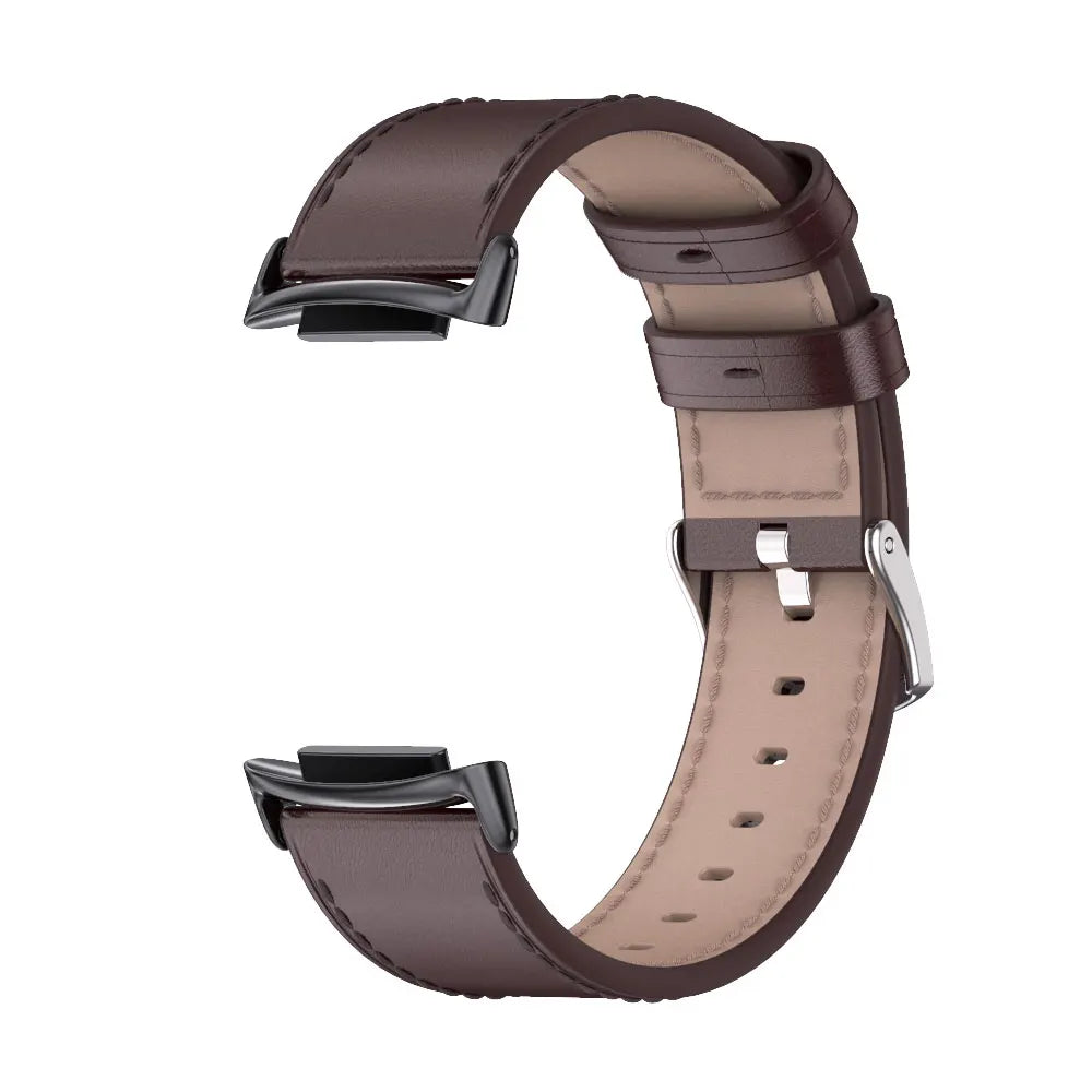 Fitbit Charge 6 leather strap in dark brown, stylish and breathable smartwatch band for comfortable wear.