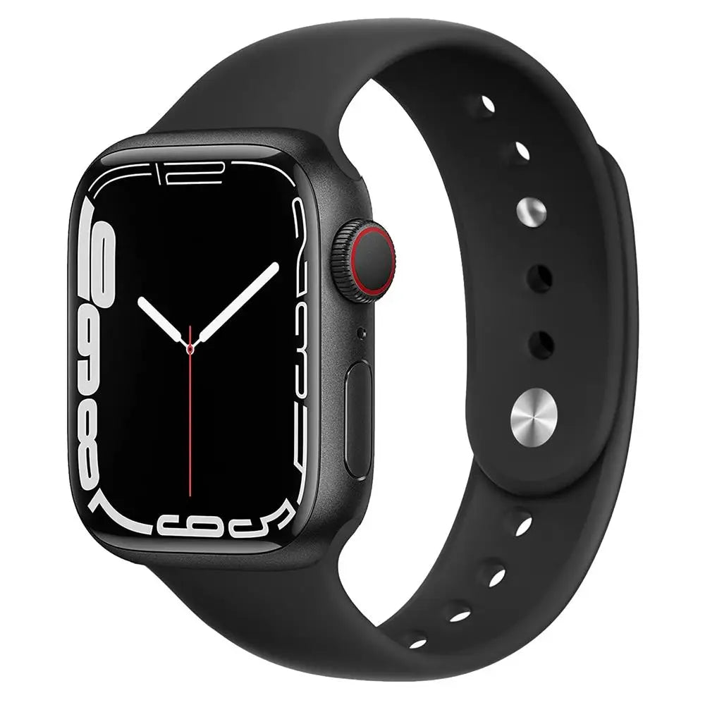 Apple Watch with black silicone strap showcasing a sleek design, perfect for workouts and casual outings.