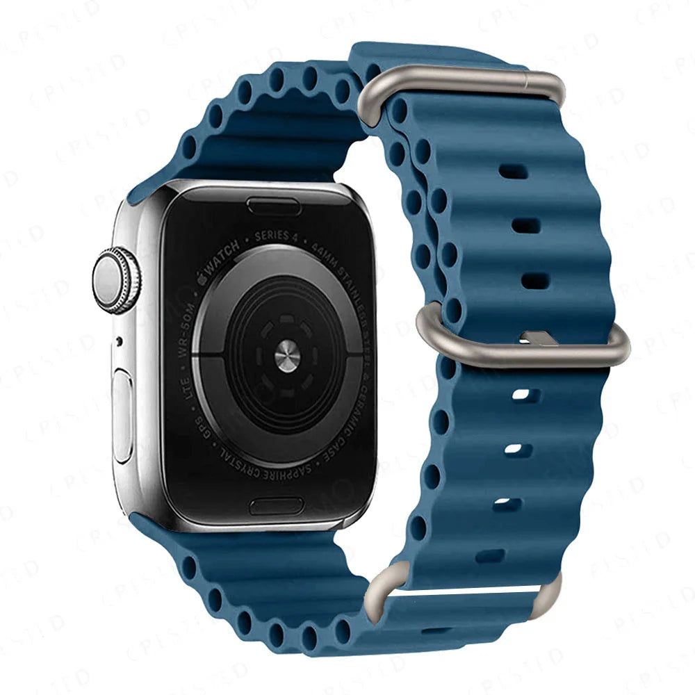 Apple Watch with blue silicone strap, waterproof and breathable, ideal for active lifestyles and sports.