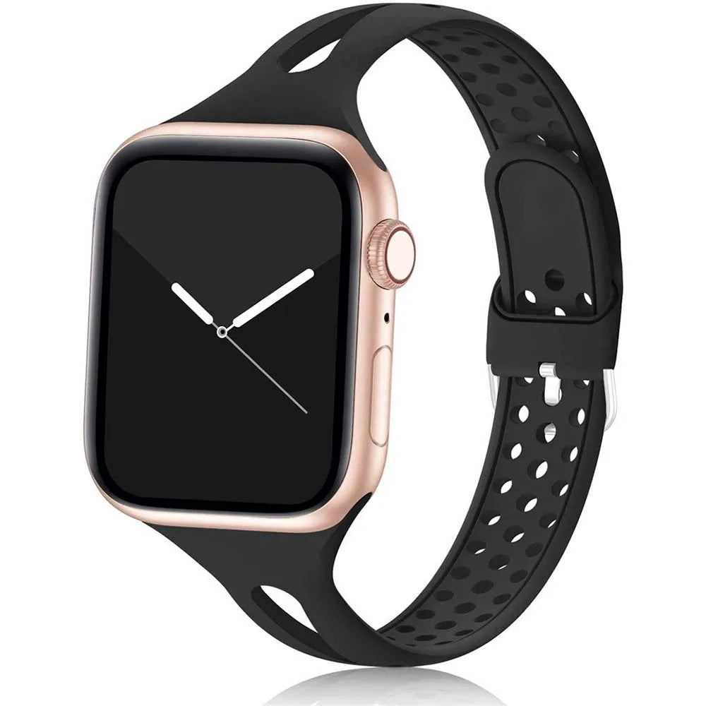 Apple Watch with black silicone strap featuring a breathable design for comfort and style.