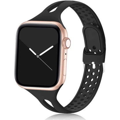 Apple Watch with black silicone strap featuring a breathable design for comfort and style.