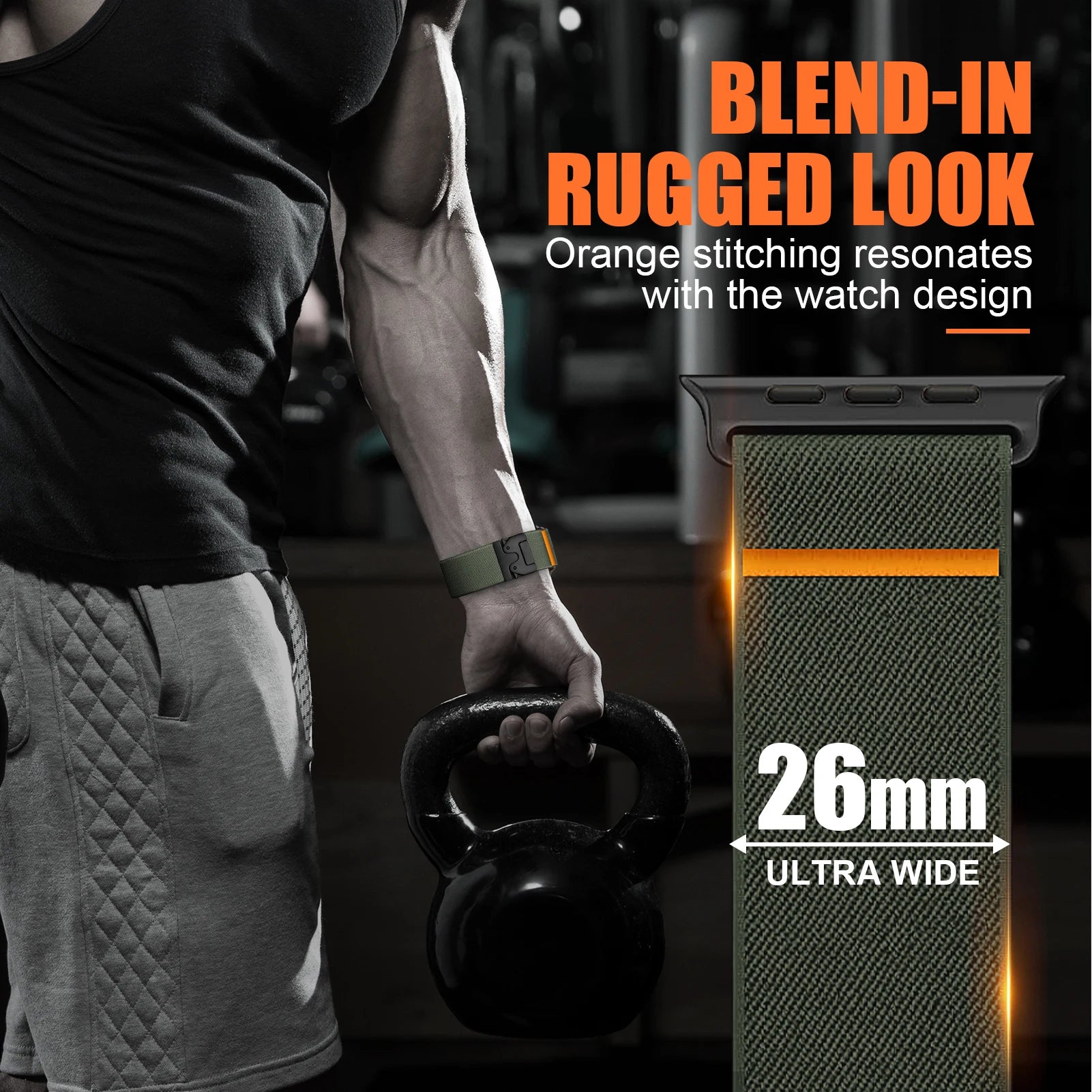 Apple Watch nylon strap with orange stitching, 26mm ultra wide fit, perfect for workouts and everyday wear.