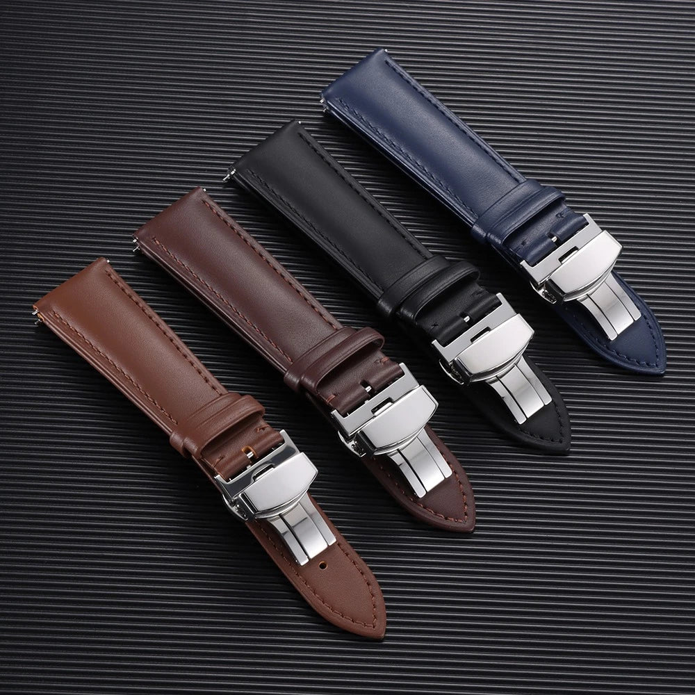 Leather Butterfly Clasp Band in brown, navy and black