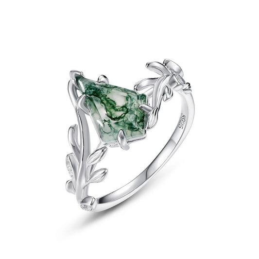 Moss Agate Leaf Branch Ring, 925 Sterling Silver - view 1