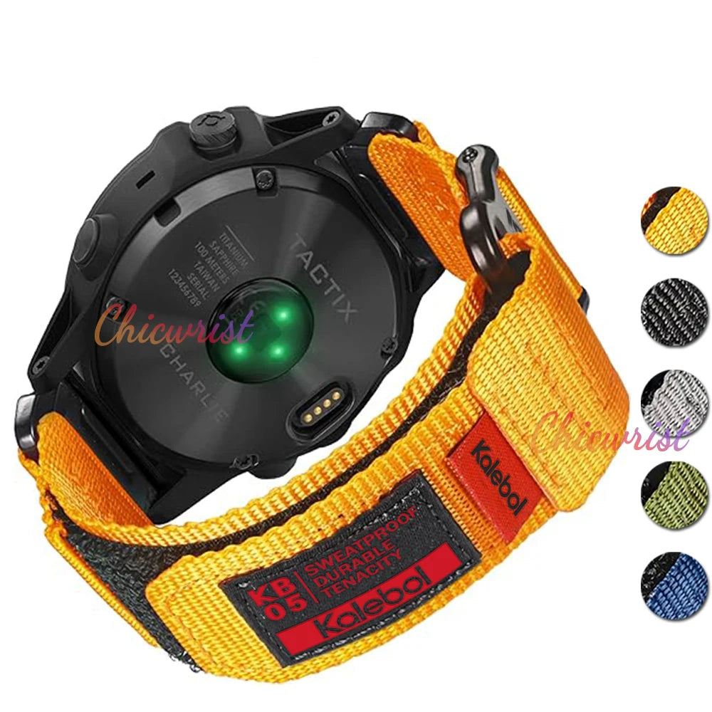 Garmin QuickFit Nylon Loop Band - Solid and Camo orange nylon loop shown on a watch with color swatches