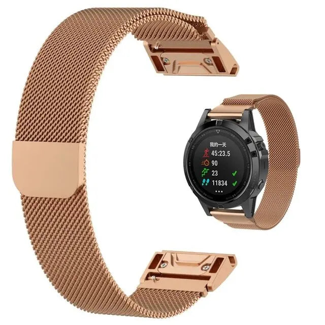 Garmin metal Milanese band for smartwatch, featuring magnetic closure and stylish design, a perfect replacement strap.