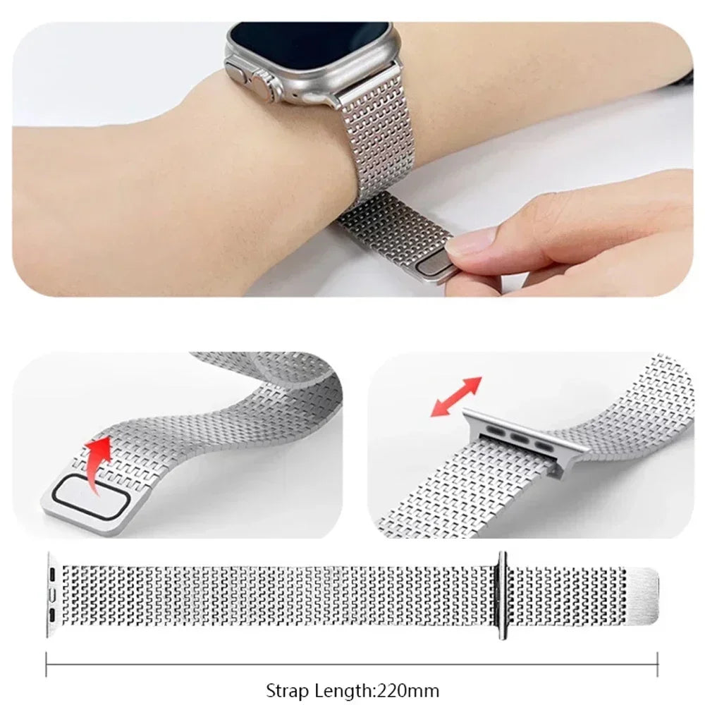 Apple Watch stainless steel Milanese loop band with magnetic clasp, showcasing its adjustable fit and elegant design.