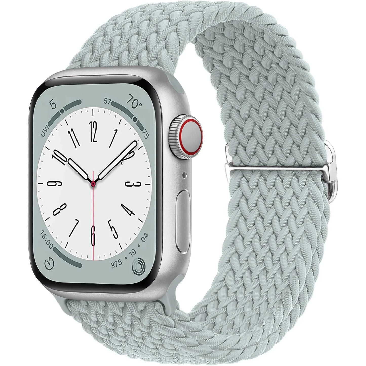 Apple Watch with a soft elastic nylon braided strap in light blue, showcasing comfort and style for daily wear.