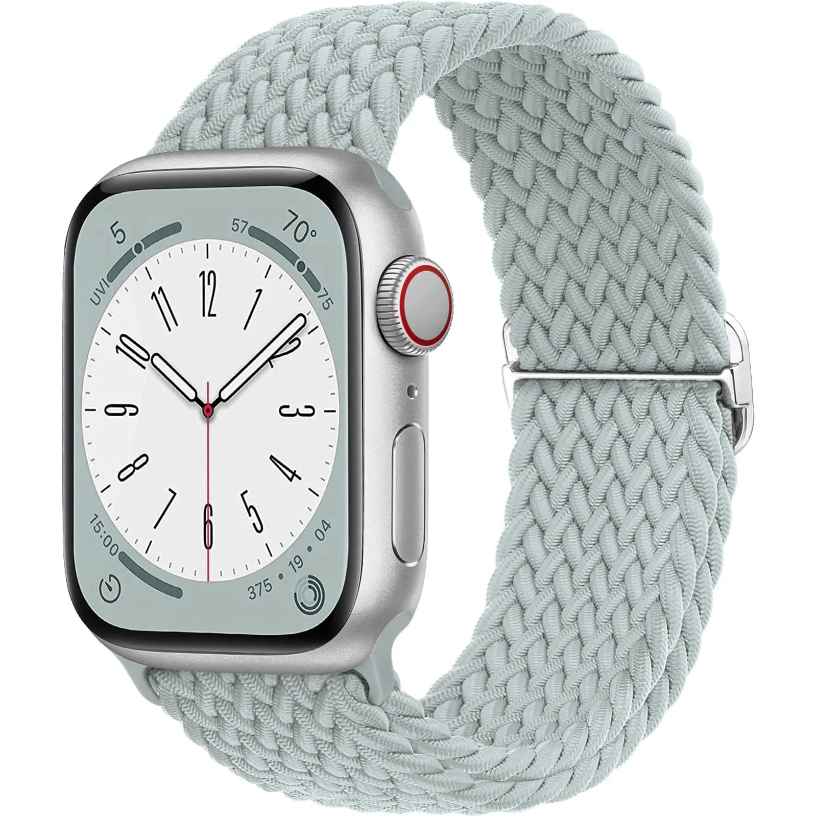 Apple Watch with a soft elastic nylon braided strap in light blue, showcasing comfort and style for daily wear.