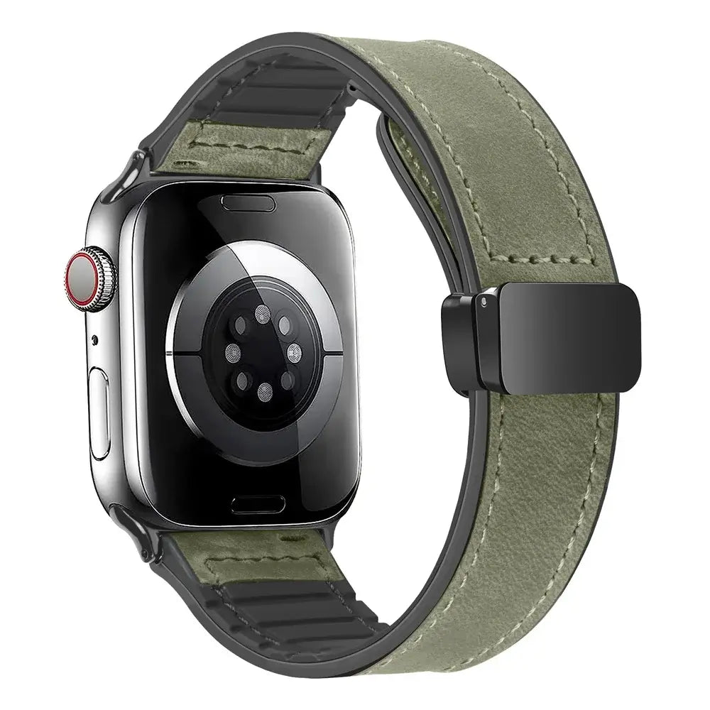 Olive Green stitched leather Apple Watch band with magnetic clasp