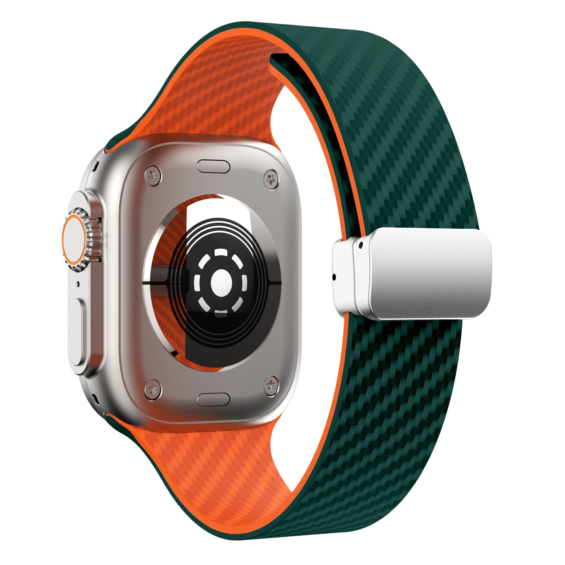 Apple Watch with green and orange silicone strap featuring magnetic buckle, highlighting its durable design.