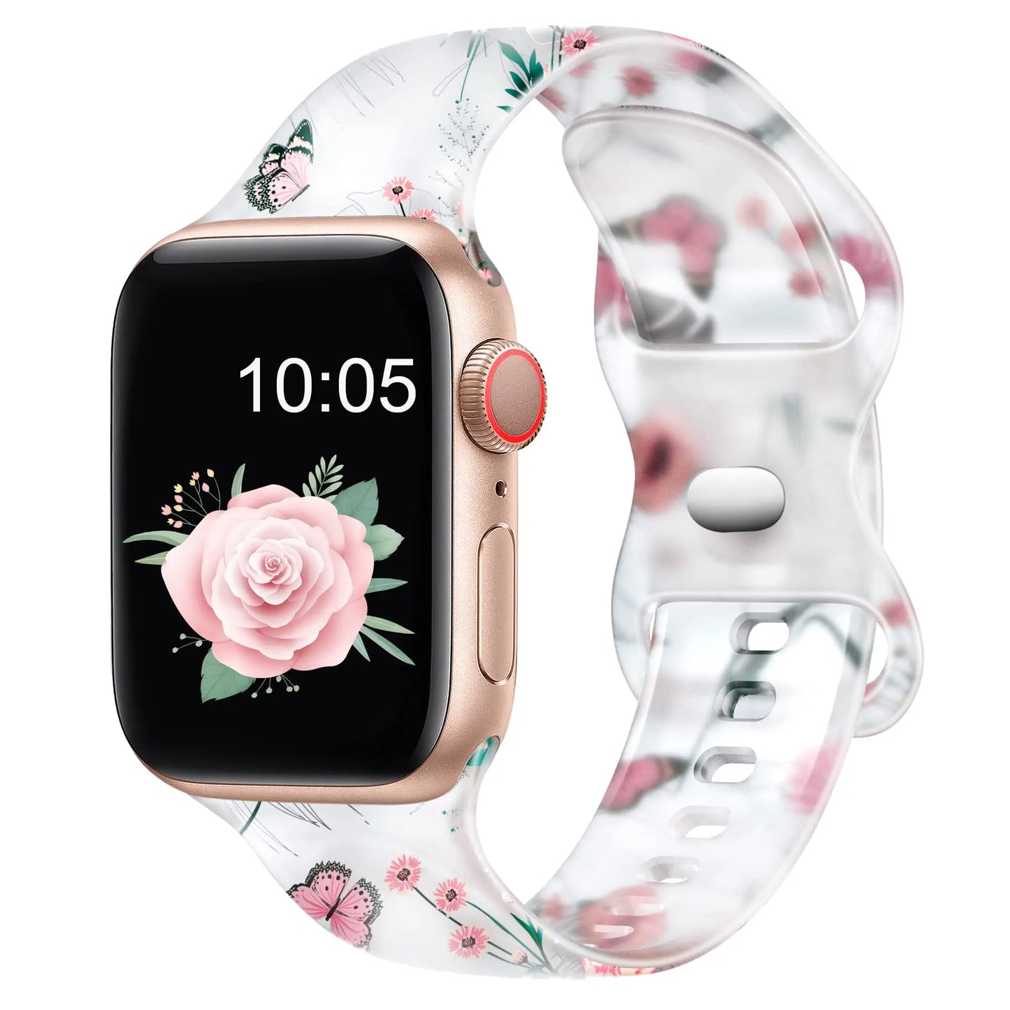 Apple Watch with floral silicone strap, showcasing a beautiful rose design and soft, comfortable fit for daily wear.