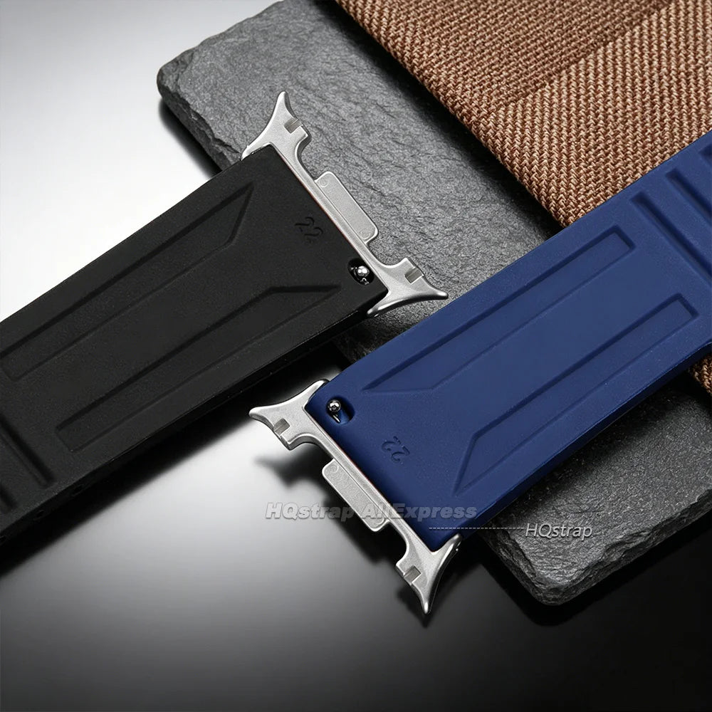 Samsung Galaxy Silicone Sport Watch Band - Watch8/Watch8 Classic/Watch9 Waterproof Buckle in black and blue.