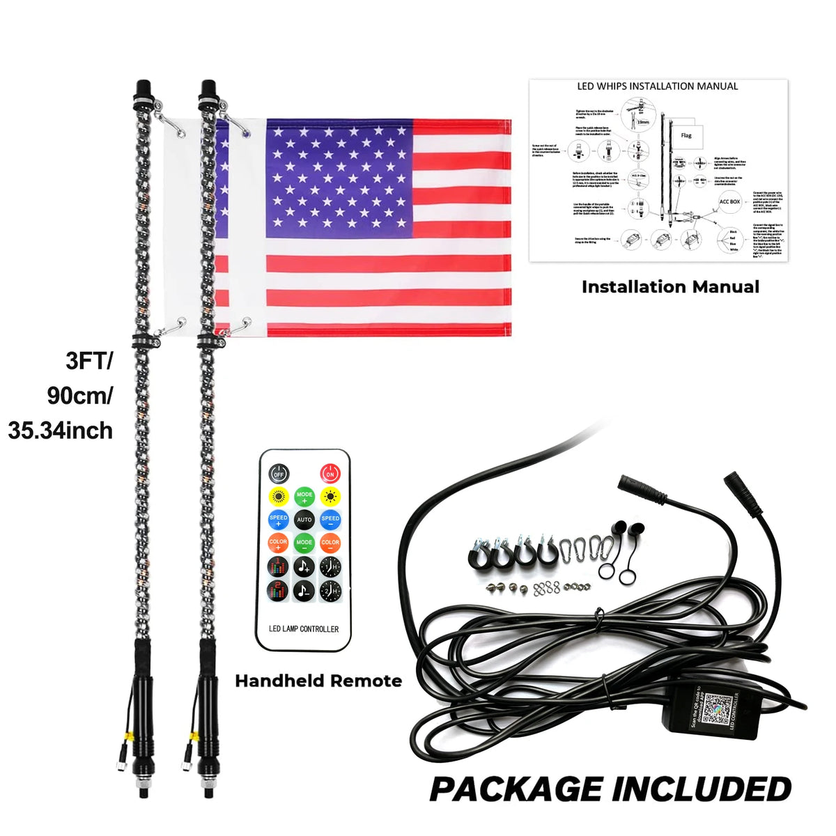 3 ft RGB LED Whip Light for Golf Carts with Remote and Flag