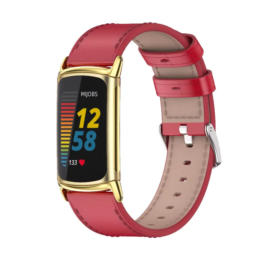 Fitbit Charge 6 with stylish red microfiber leather strap, showcasing a vibrant display and adjustable fit for smartwatch bands.