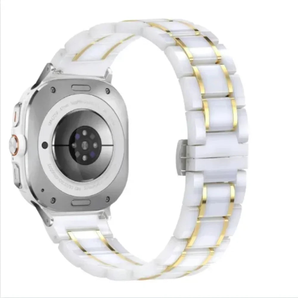 Samsung Galaxy Ceramic Bracelet Watch Band For Watch8/Watch8 Classic/Watch9/Ultra/Ultra2 in white gold color, showcasing elegant design.