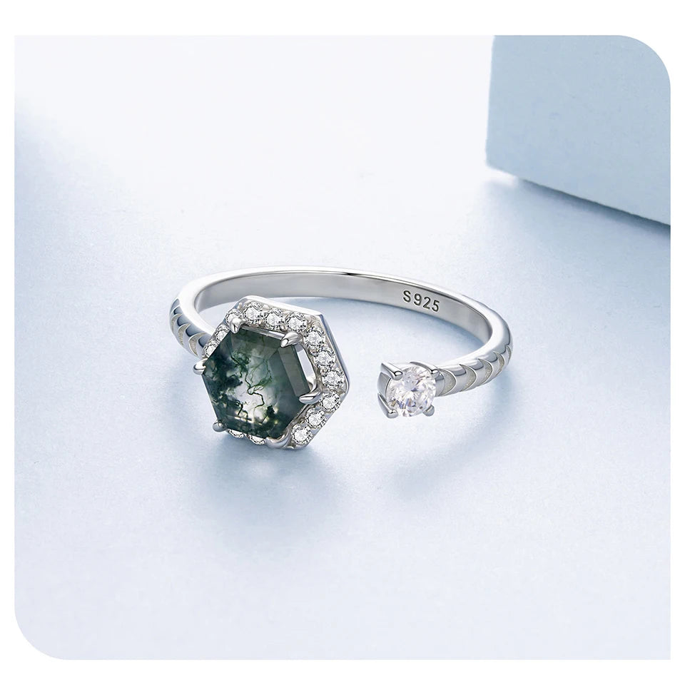 Moss Agate Hexagon Ring, 925 Sterling Silver - view 8