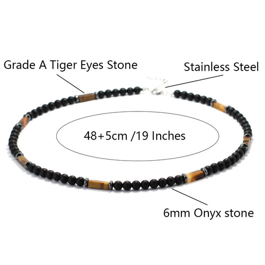 Tiger's eye and onyx bead choker with stainless steel buckle, with labels