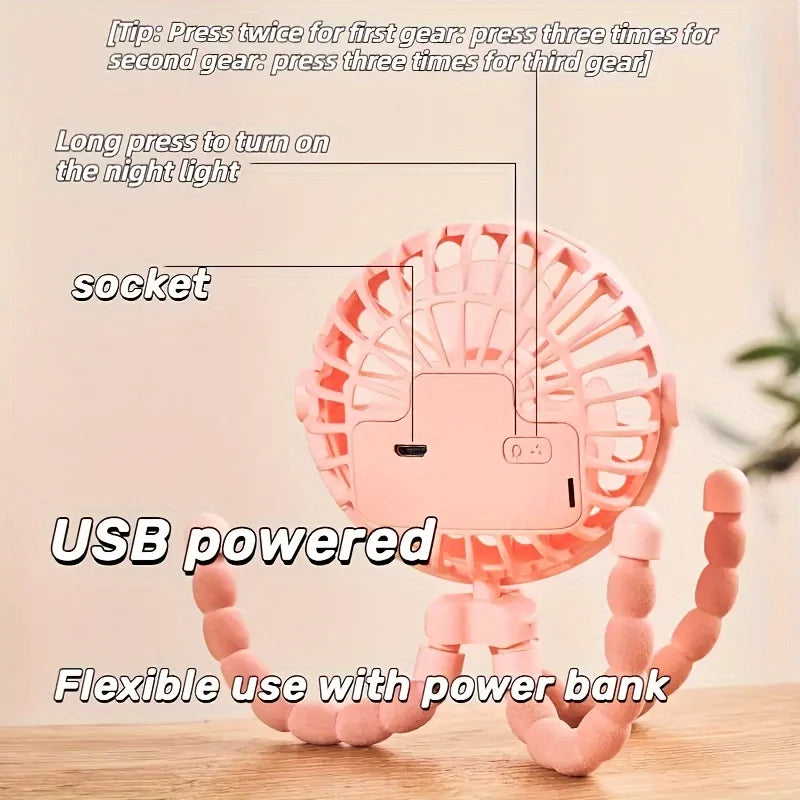 Mini Flexible Tripod Fan for Golf Carts, USB Rechargeable, 3 Speeds