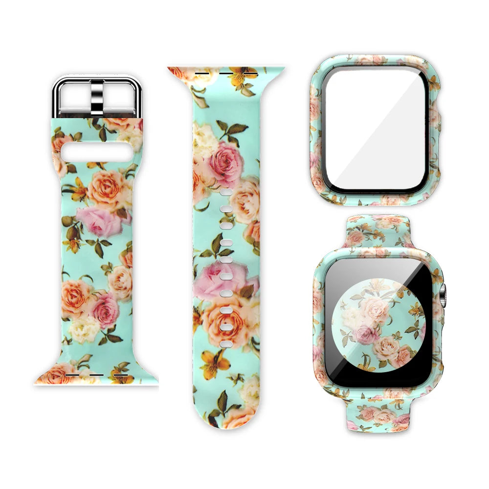 Apple Watch Silicone Strap with unique floral printed design, blue background, showcasing style and comfort.