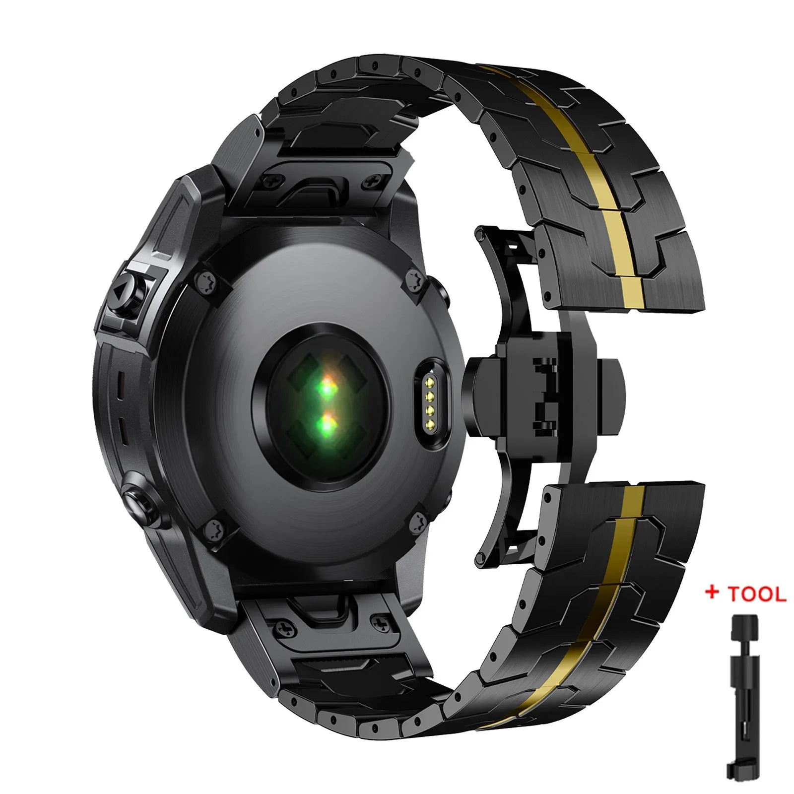 Garmin QuickFit stainless steel strap in black with gold accents, designed for durability and style, includes removal tool.