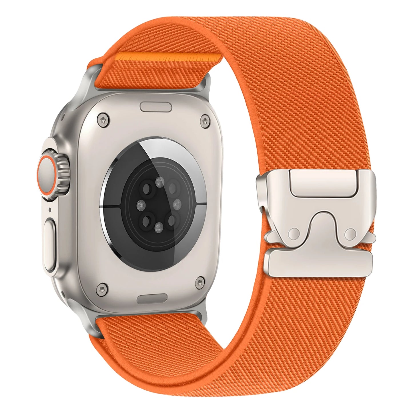 Apple Watch with orange nylon strap, featuring a secure parachute-style buckle for durability and comfort.