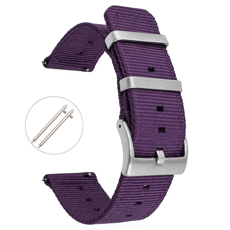 Tough nylon Huawei watch band in purple with stainless steel buckle and additional spring bars for easy installation.