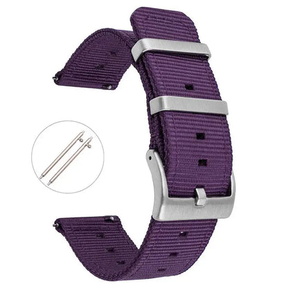 Tough nylon Huawei watch band in purple with stainless steel buckle and additional spring bars for easy installation.