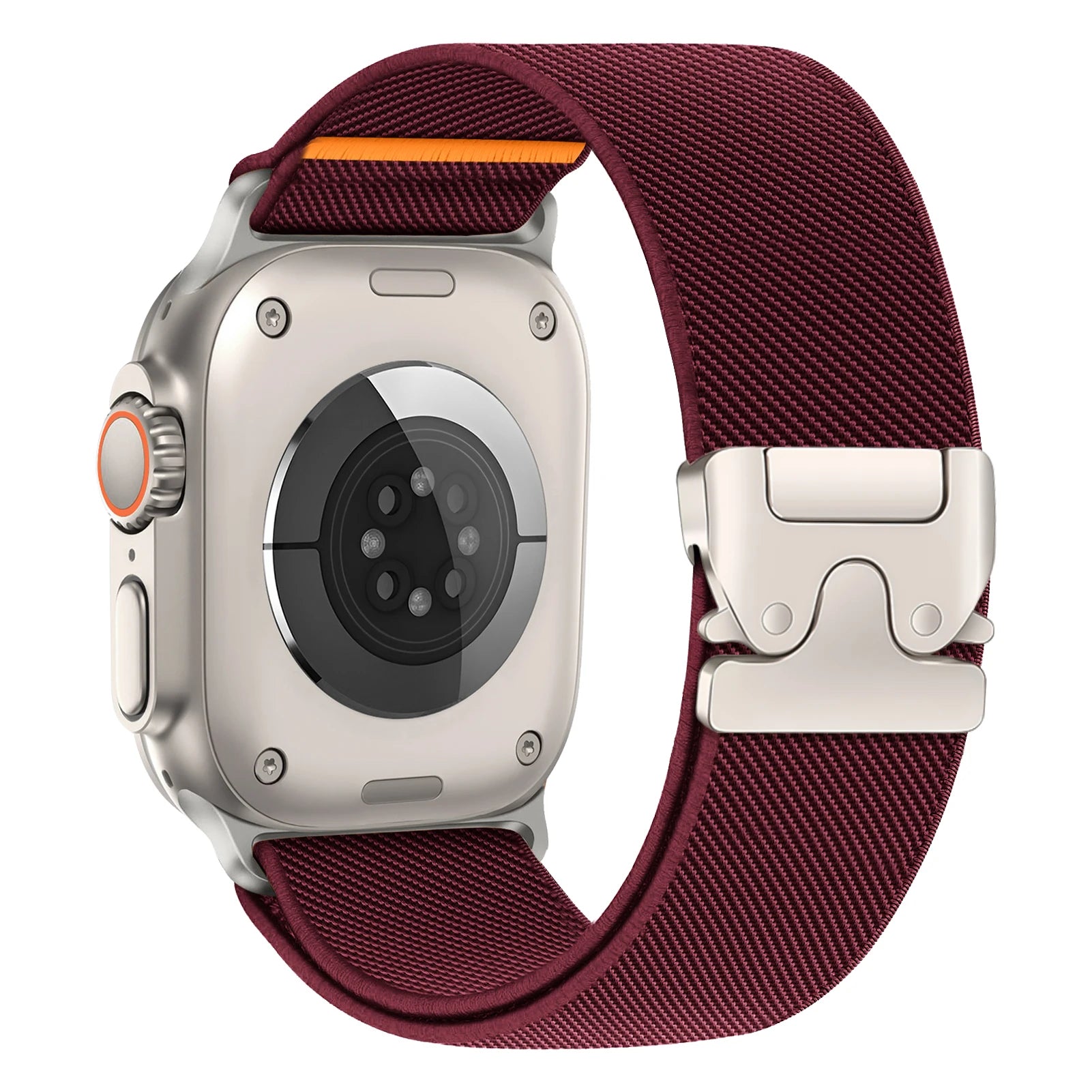 Apple Watch with a burgundy nylon strap featuring a secure buckle for durability and comfort.