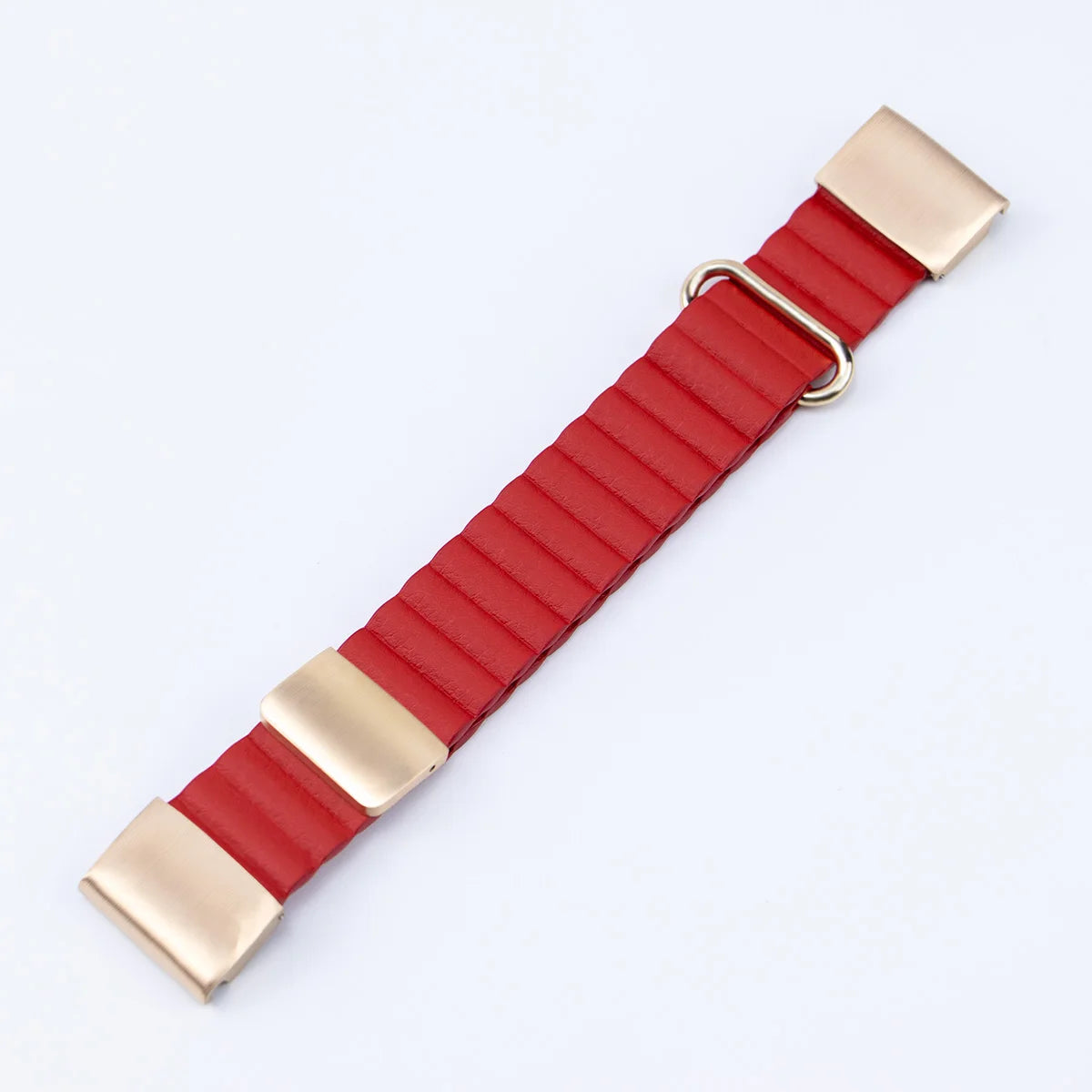 Red smartwatch band with gold buckle, featuring a textured design for comfort and style in everyday wear.
