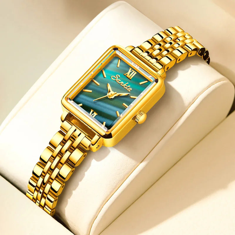 Women's Rectangular Pearl-Effect Dial Watch — Gold Tone / Green Dial — BandsCo Straps