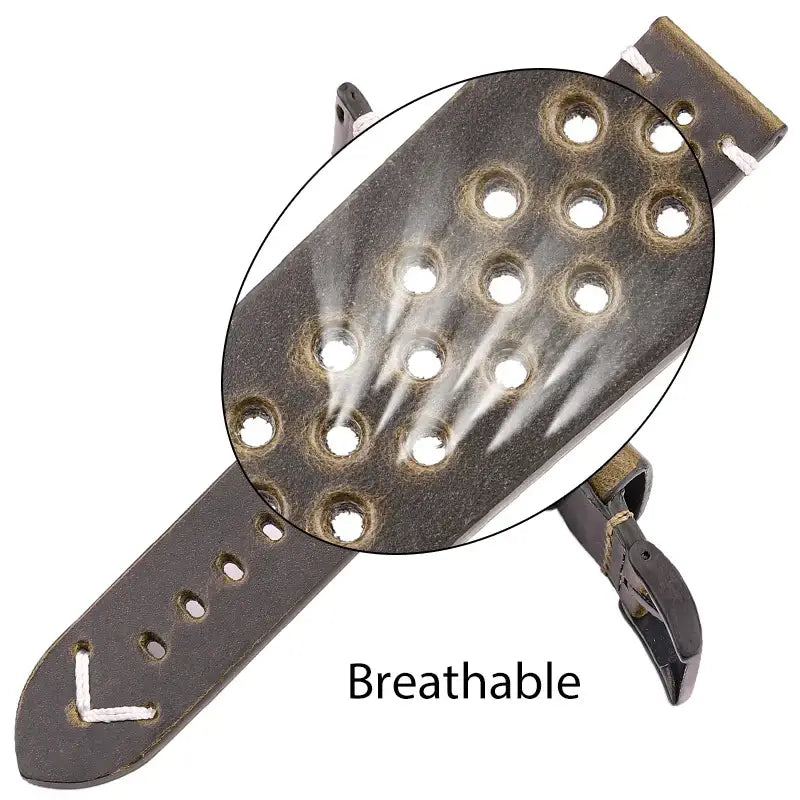 Dark green leather strap perforations