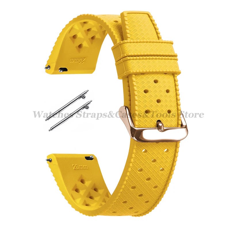 Garmin 18/20/22mm Quick Release Tropic-Style Silicone Band in Yellow with Rose Gold Buckle