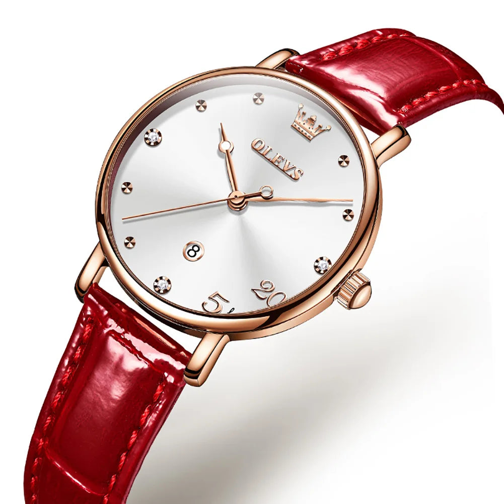 Women's Glossy Leather Date Watch — Red / White Dial — BandsCo Straps