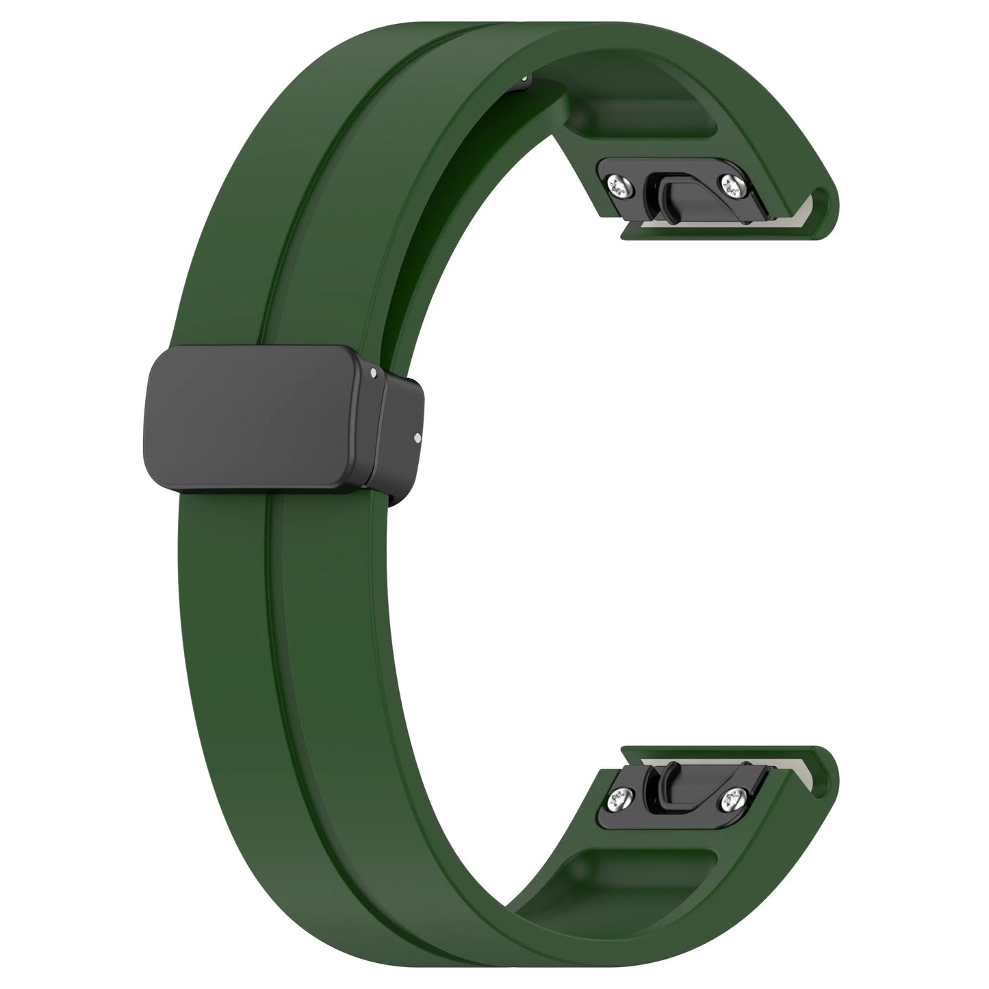 Garmin silicone strap in green for smartwatches, durable and comfortable replacement band with adjustable fit.