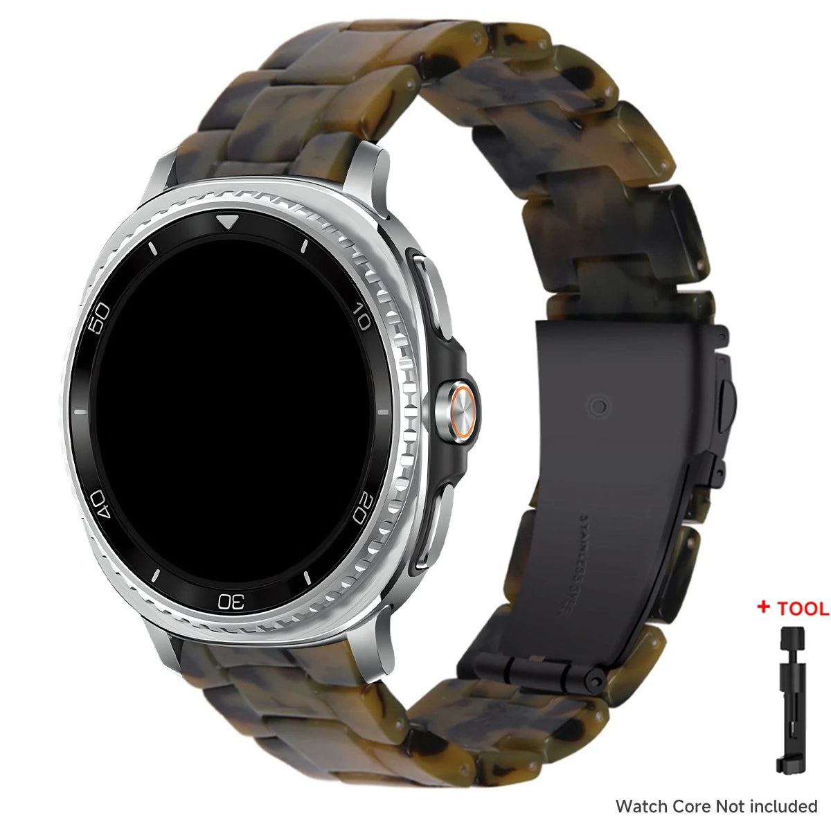 Samsung Galaxy Resin Link Watch Band - Tortoise Women Watch8/Watch8 Classic/Watch9 Ultra/Ultra2 on smartwatch displayed.
