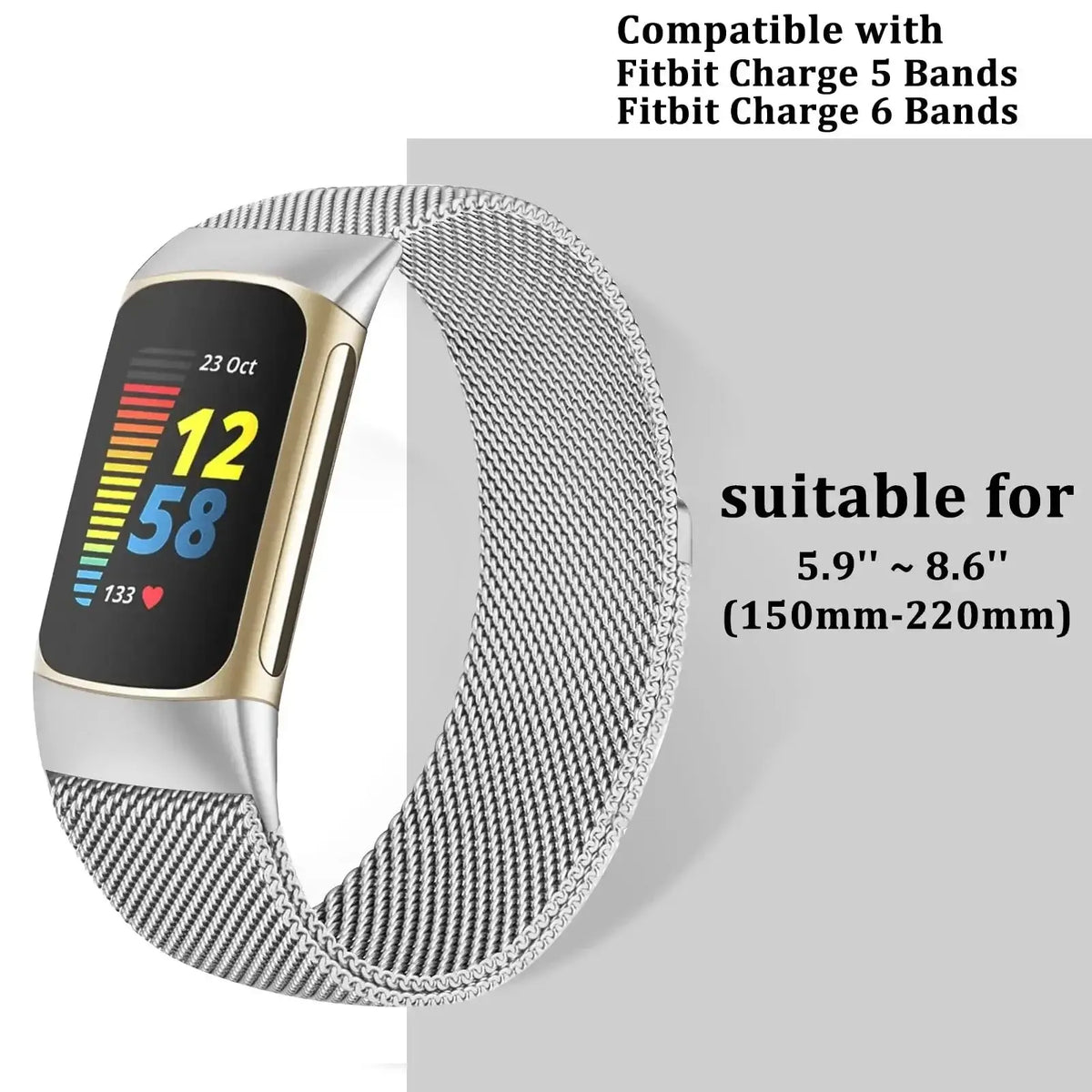 Fitbit Charge 5 & 6 Magnetic Milanese Mesh Band silver mesh band and wrist sizing guide