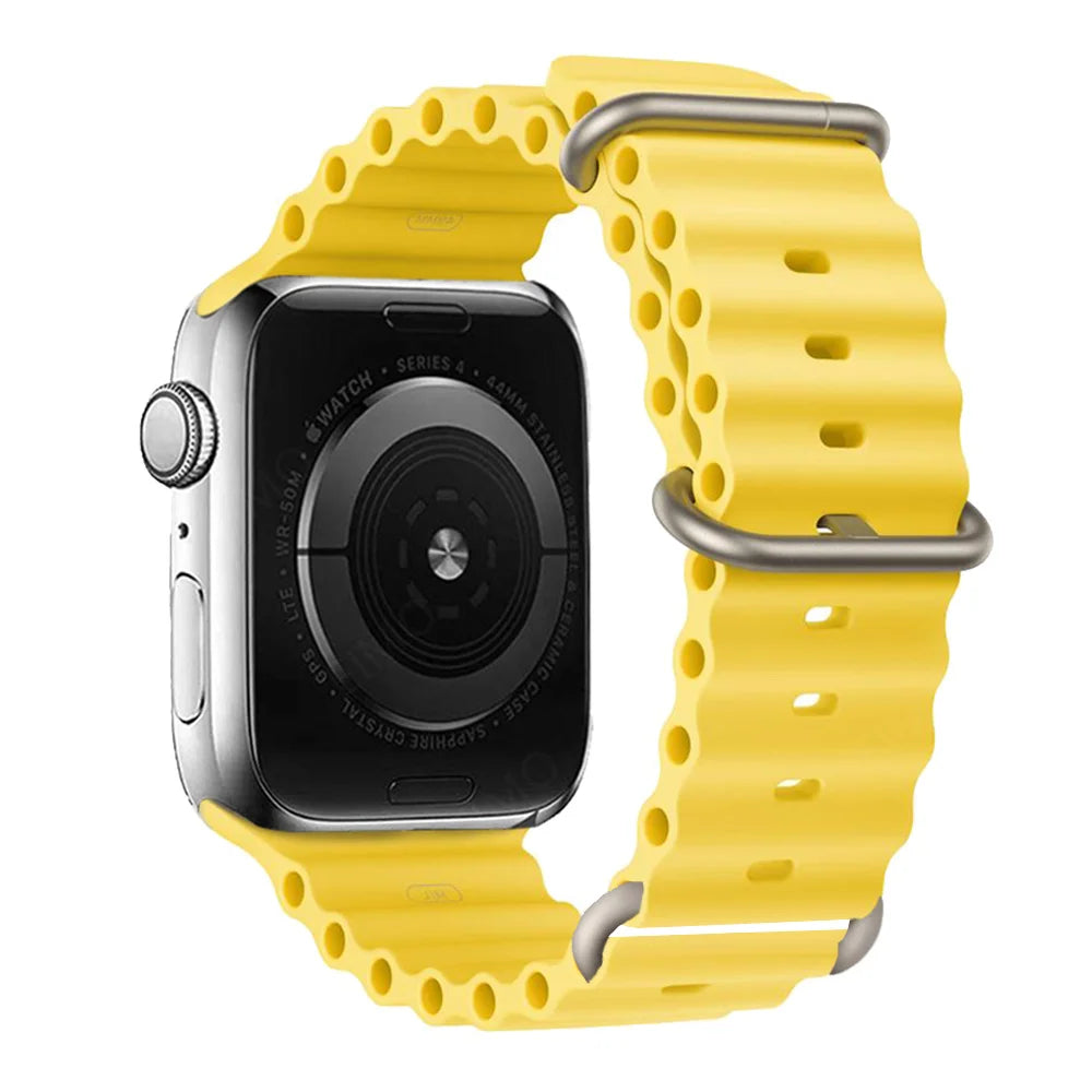 Apple Watch with yellow silicone strap, waterproof and breathable design for active lifestyles.