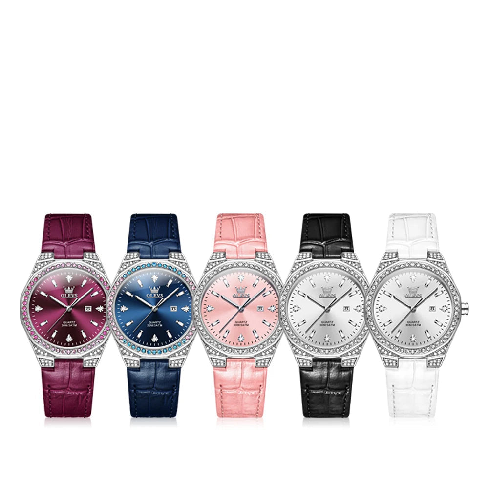 Women's Crystal Bezel Leather Quartz Watch — Leather watch color comparison — BandsCo Straps